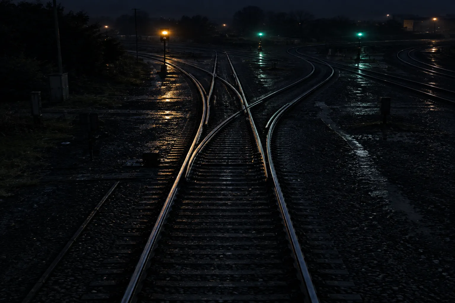 Railway tracks splitting at a junction at night, with an amber and two green signal lights